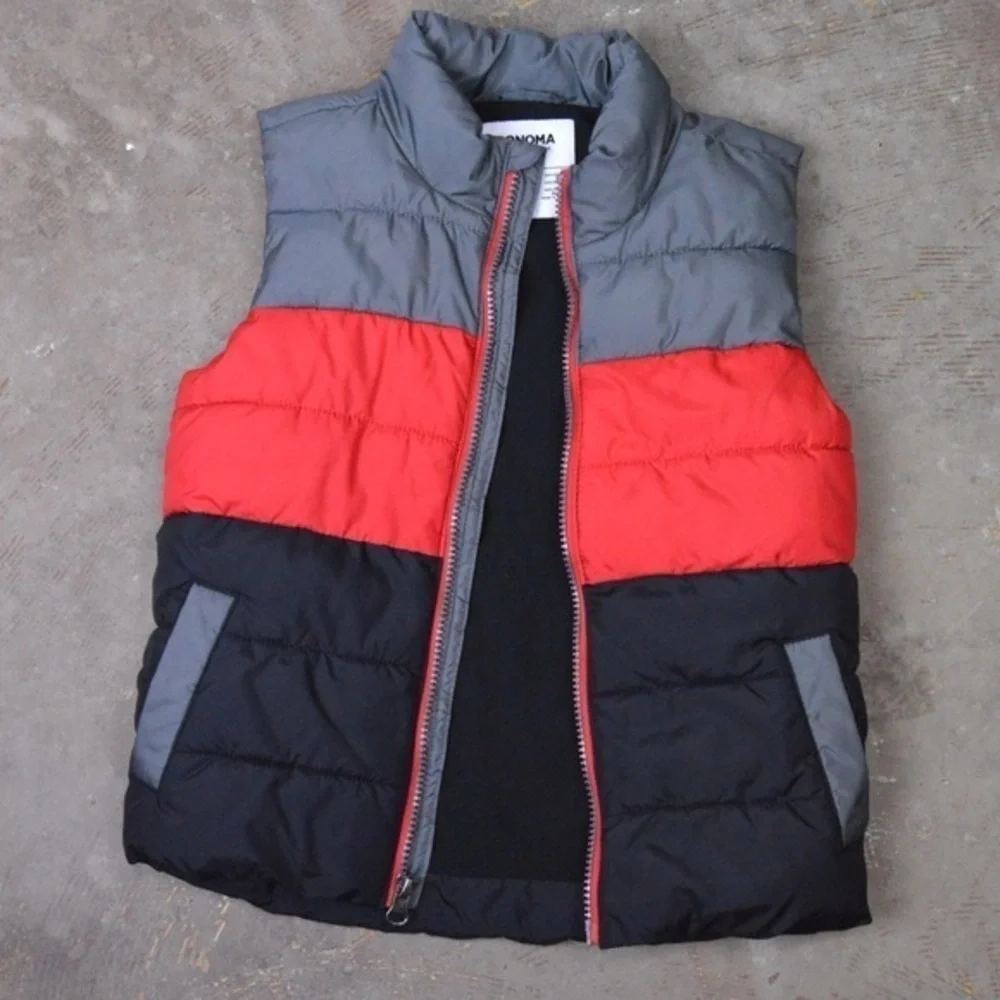 Boys Sonoma Cozy Soft Micro-fleece Lined Puffer Vest,‎ Size 6 Black Grey Red